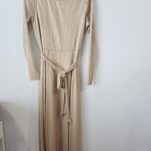 Anne Klein Metallic Gold Long-Sleeve Maxi Dress with Waist Tie